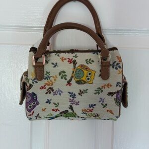 Owls Tapestry Print Handle Bag Purse Small Size Duffle Shape Signare